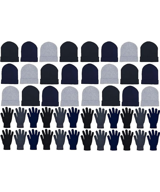48x Winter Beanies & Gloves Combo Pack, Bulk Pack for Men Women, Warm Cozy Gift
