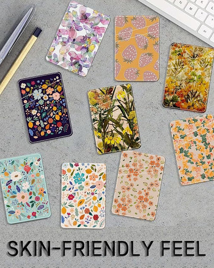 Phone Wallet, Cute Leather Phone Card Holder, Dual Pocket Credit Card Sticky Wallet, Compatible with Most Cell Phones, Luxurious Orange Flower