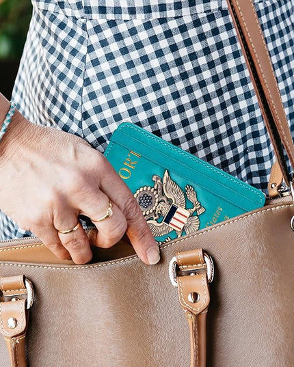 TOURSUIT RFID Blocking Passport Holder for Women Men, Leather Passport Travel Wallet with Metal 3D Metal Badge, Travel Document Holder Cover Accessories (Light Blue)