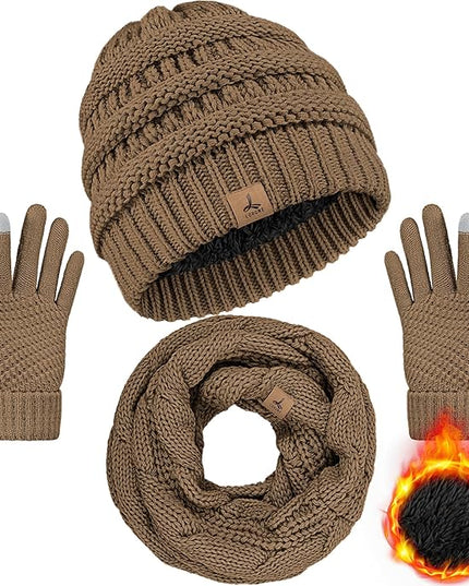 Winter Beanie Hat Scarf Gloves, Warm Fleece Knit Hats Touch Screen Gloves Neck Scarf Set Winter Gifts for Unisex Adult