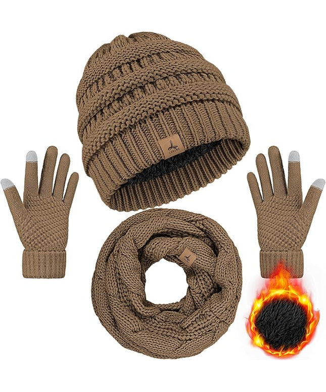 Winter Beanie Hat Scarf Gloves, Warm Fleece Knit Hats Touch Screen Gloves Neck Scarf Set Winter Gifts for Unisex Adult