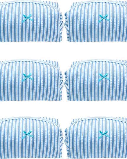 PAZIMIIK 6PCS Cozy Makeup Bag Small Aesthetic Travel Zipper Cosmetic Pouch for Women Make Up Beauty Accessories Brushes, Stripe Lake Blue