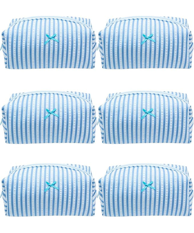 PAZIMIIK 6PCS Cozy Makeup Bag Small Aesthetic Travel Zipper Cosmetic Pouch for Women Make Up Beauty Accessories Brushes, Stripe Lake Blue