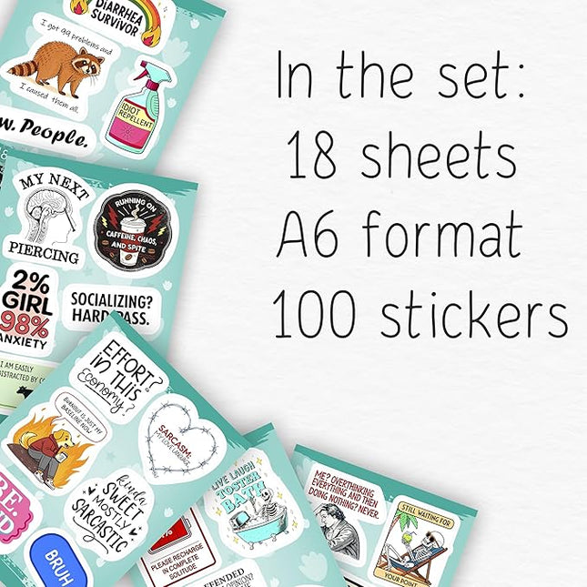 100Pcs Sarcastic Stickers for Adults - Funny Inappropriate Snarky Stickers, Sassy Unhinged Mean Silly Decals for Water Botttle, Laptop - Gag Gifts for Women & Men