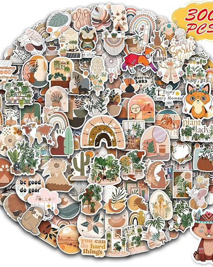 300 PCS Aesthetic Boho Stickers, Cute Vinyl Waterproof Stickers for Water Bottles Laptop Phone Journaling Scrapbook Junk Journal, Scrapbooking Supplies Kit, Sticker Packs for Adults Teens
