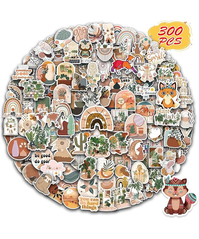 300 PCS Aesthetic Boho Stickers, Cute Vinyl Waterproof Stickers for Water Bottles Laptop Phone Journaling Scrapbook Junk Journal, Scrapbooking Supplies Kit, Sticker Packs for Adults Teens