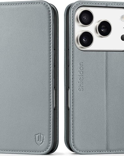 SHIELDON Genuine Leather Wallet Case for iPhone 17 Pro 6.3-inch 2025 | Folio Magnetic | RFID Blocking Credit Card Holder | Kickstand | TPU Shockproof Phone Cover for Men Women | Gray