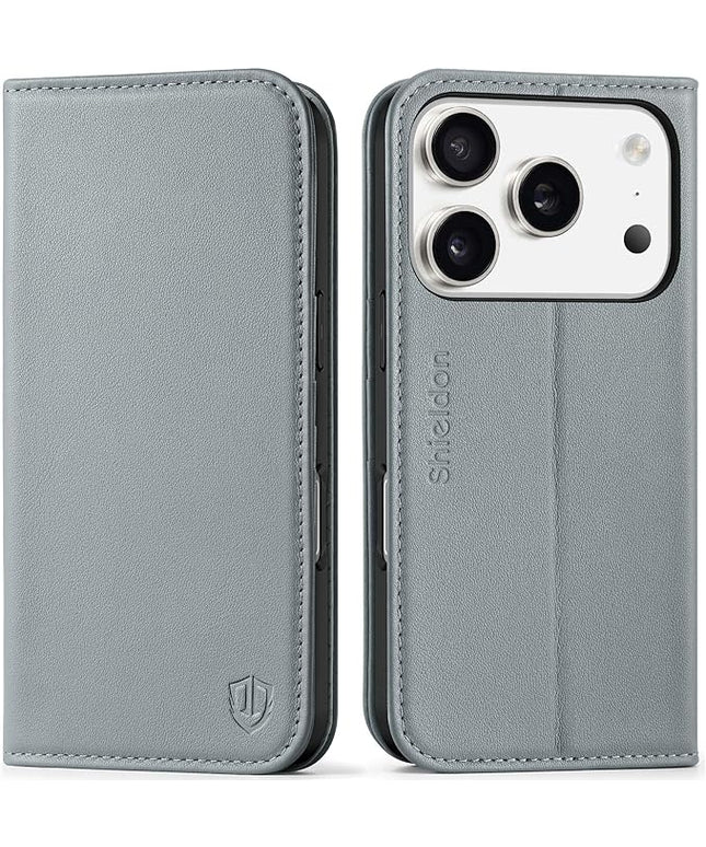 SHIELDON Genuine Leather Wallet Case for iPhone 17 Pro 6.3-inch 2025 | Folio Magnetic | RFID Blocking Credit Card Holder | Kickstand | TPU Shockproof Phone Cover for Men Women | Gray