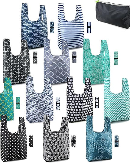 BeeGreen Reusable Foldable Shopping Totes with Handles,12 Pack Heavy Duty Polyester Fabric Geometry Grocery Bags, Large Fashion Reusable Bags for Travel & Groceries, Washable Cloth Bag Bulk