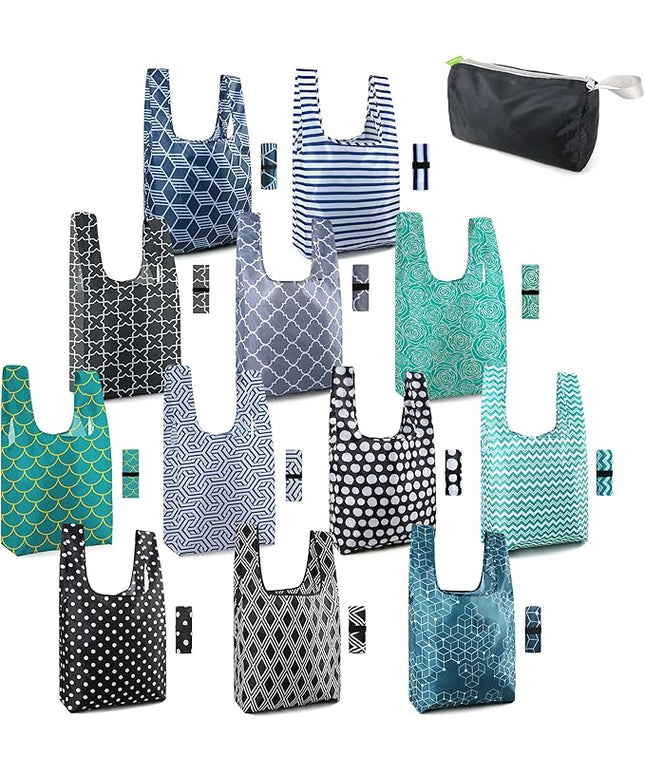 BeeGreen Reusable Foldable Shopping Totes with Handles,12 Pack Heavy Duty Polyester Fabric Geometry Grocery Bags, Large Fashion Reusable Bags for Travel & Groceries, Washable Cloth Bag Bulk