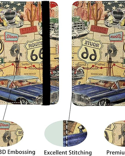 Passport Holder for Women and Men PU Leather Passport Cover for Travel (American Vintage Route 66)
