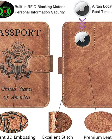Airtag Passport Holder Cover Wallet Travel Essentials Leather Rfid Blocking Case Vacation Luggage Must Haves Travel Accessories for Men Women (117#Brown)