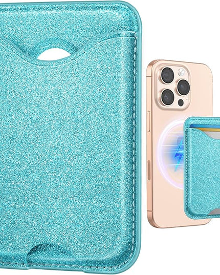 Shorogyt Compatible with Magsafe Wallet Magnetic Card Holder - Glitter Light Blue Phone Wallets for Women Teen Girls for iPhone 17/16/15/14/13/12 Series Slim for Apple Mag RFID Magnet, Fit 3 Cards