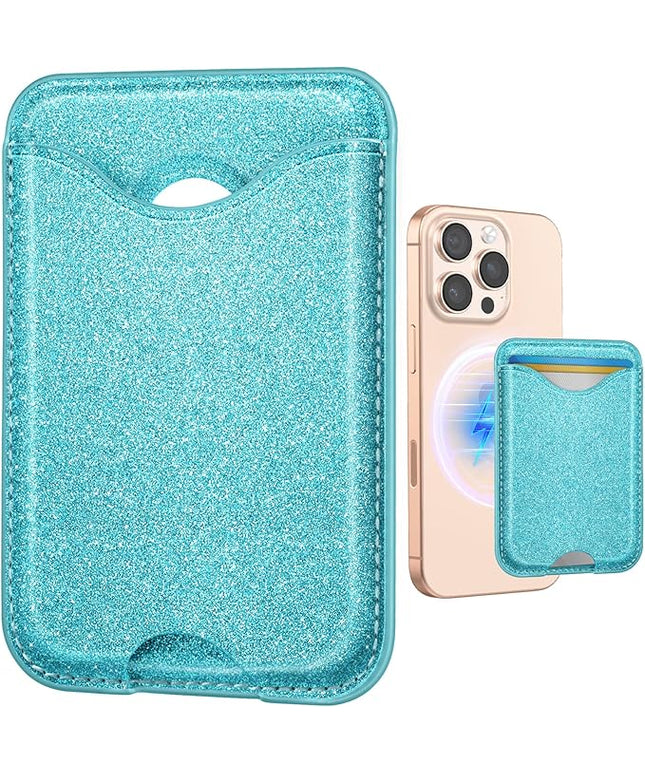 Shorogyt Compatible with Magsafe Wallet Magnetic Card Holder - Glitter Light Blue Phone Wallets for Women Teen Girls for iPhone 17/16/15/14/13/12 Series Slim for Apple Mag RFID Magnet, Fit 3 Cards
