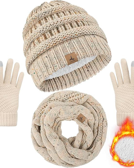 Winter Beanie Hat Scarf Gloves, Warm Fleece Knit Hats Touch Screen Gloves Neck Scarf Set Winter Gifts for Unisex Adult