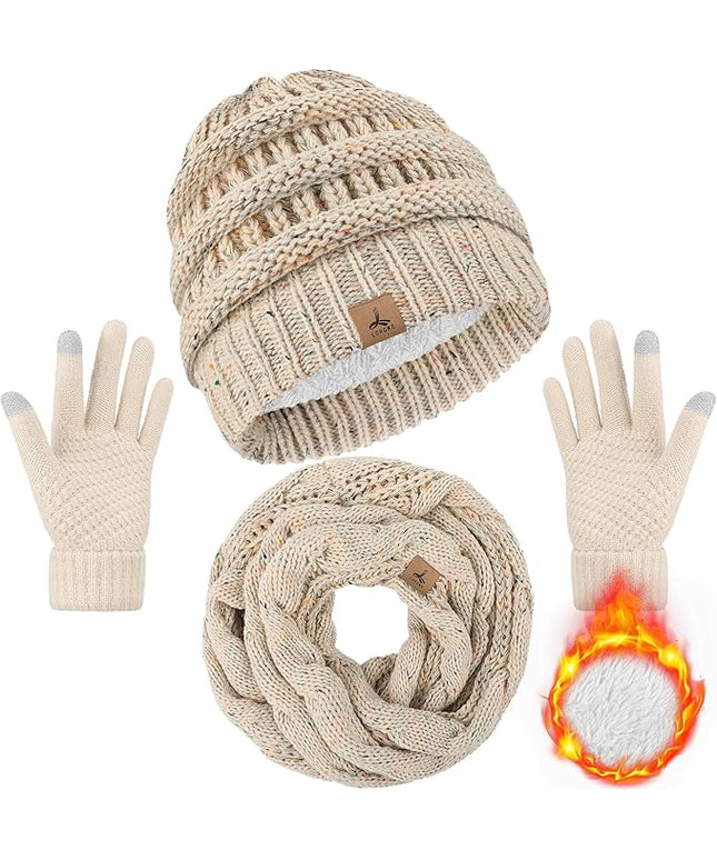 Winter Beanie Hat Scarf Gloves, Warm Fleece Knit Hats Touch Screen Gloves Neck Scarf Set Winter Gifts for Unisex Adult