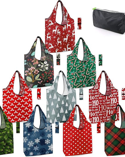 BeeGreen Christmas Reusable Grocery Bags 10 Pack Reusable Shopping Bags Bulk Christmas Gifts Tote Bags with Zipper Storage Pouch Elastic Band Foldable-Machine Washable
