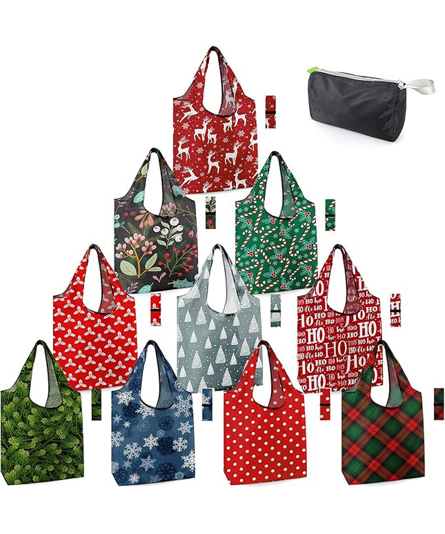 BeeGreen Christmas Reusable Grocery Bags 10 Pack Reusable Shopping Bags Bulk Christmas Gifts Tote Bags with Zipper Storage Pouch Elastic Band Foldable-Machine Washable