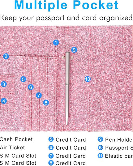 ACdream Passport Holder Cover, Leather Travel Wallet Case, RFID Blocking Document Organizer Protecrtor, with Slots for Credit Cards, Boarding Pass, for Women and Men, Glitter Pink