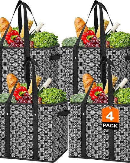WISELIFE Reusable Grocery Bags [4 Pack],Large Grocery Tote Bag Water Resistant Shopping Bags Foldable Grocery Bag for Clothes,Shoes and Picnic,Black