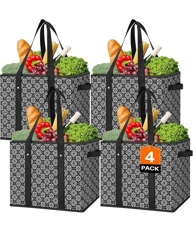 WISELIFE Reusable Grocery Bags [4 Pack],Large Grocery Tote Bag Water Resistant Shopping Bags Foldable Grocery Bag for Clothes,Shoes and Picnic,Black