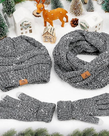 Winter Beanie Hat Scarf Gloves, Warm Fleece Knit Hats Touch Screen Gloves Neck Scarf Set Winter Gifts for Unisex Adult