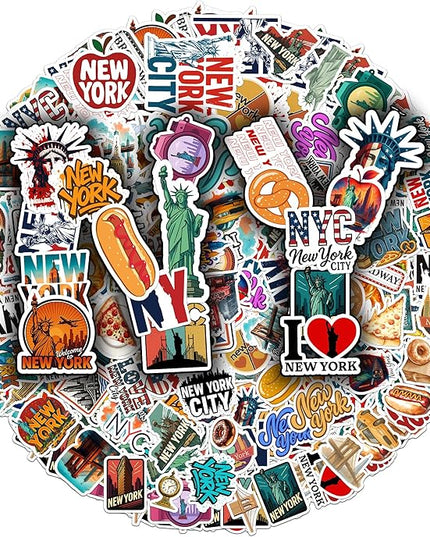 100 PCS New York Stickers Pack NYC Travel Vinyl Waterproof Sticker for Teens Adults Aesthetic Decal Decorative Funny Graphic Car Decals Water Bottle Helmet Phone Birthday Gifts for Men Women 9 Sheets