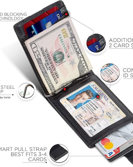 SERMAN BRANDS RFID Blocking Slim Bifold Genuine Leather Minimalist Front Pocket Wallets for Men with Money Clip Thin Mens