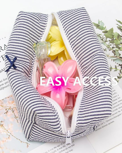 PAZIMIIK 6PCS Cozy Makeup Bag Small Aesthetic Travel Zipper Cosmetic Pouch for Women Make Up Beauty Accessories Brushes, Stripe Navy Blue