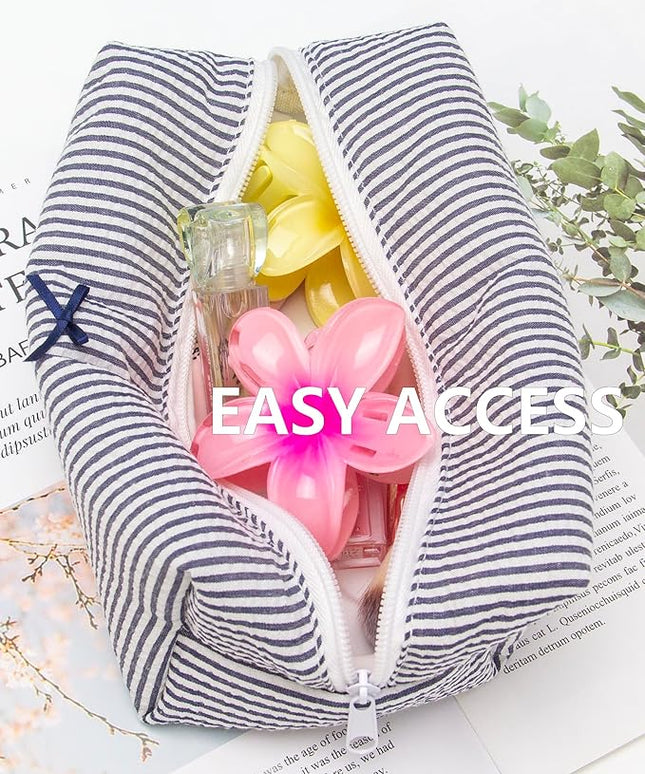 PAZIMIIK Cozy Makeup Bag Small Aesthetic Travel Zipper Cosmetic Pouch for Women Make Up Beauty Accessories Brushes, Stripe Navy Blue