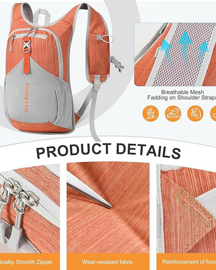 FIORETTO 15L Hiking Backpack for Women Men Mini Packable Backpack Lightweight Small Daypack for Camping Travel Outdoor, Orange