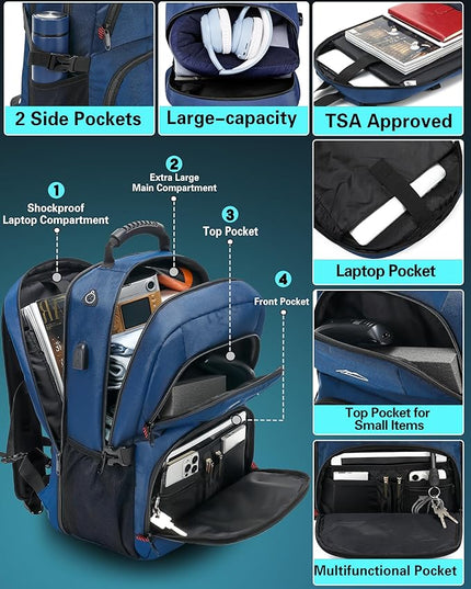 ProEtrade Travel Backpack, Extra Large Laptop Backpack School Business Anti Theft TSA Approved College Work Computer Bag Fits 17 Inch Laptop with USB Charging Port Bookbag for Women Men(Blue)