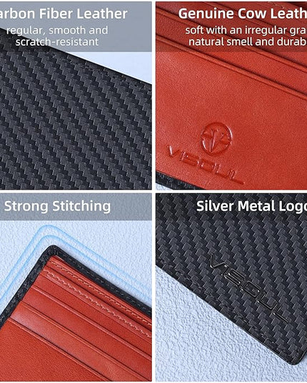 VISOUL Mens Bifold Wallet with 2 ID Windows Carbon Fiber Leather, RFID Blocking Secure Designer Billfold Wallets for Men with Two Cash Compartments (Black+Orange Red)