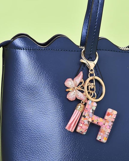 Fashion Alphabet Initial Letter Keychain Tassel Butterfly Pendant Key Ring for Purse Handbags Women Girl