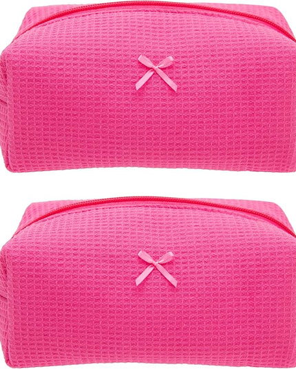 PAZIMIIK 2PCS Cozy Makeup Bag Travel Cosmetic Bag for Women Soft Toiletry Bag Aesthetic Makeup Organizer Portable Large Zipper Pouch for Skincare Beauty Accessories Brushes Waffle Hotpink