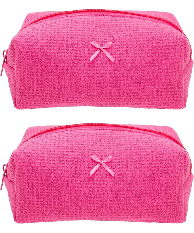 PAZIMIIK 2PCS Cozy Makeup Bag Travel Cosmetic Bag for Women Soft Toiletry Bag Aesthetic Makeup Organizer Portable Large Zipper Pouch for Skincare Beauty Accessories Brushes Waffle Hotpink