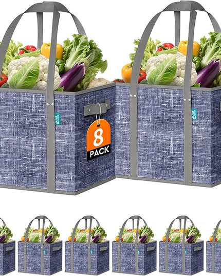 Fab totes Reusable Grocery Bags, Large Foldable Shopping Tote Bags with Reinforced Handles & Hard Bottom,Water Resistant Grocery Bags for kitchen,Picnic,8 Pack,Blue