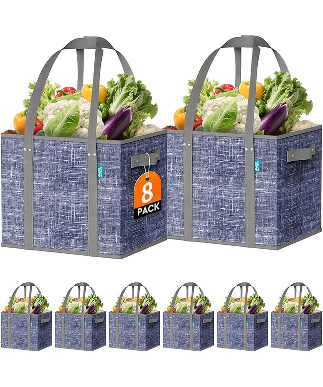 Fab totes Reusable Grocery Bags, Large Foldable Shopping Tote Bags with Reinforced Handles & Hard Bottom,Water Resistant Grocery Bags for kitchen,Picnic,8 Pack,Blue
