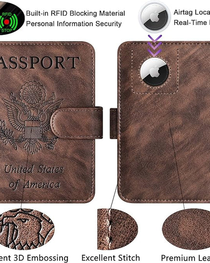 Airtag Passport Holder Cover Wallet Travel Essentials Leather Rfid Blocking Case Vacation Luggage Must Haves Travel Accessories for Men Women (117#Coffee)