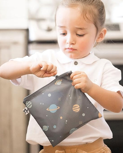 Tiny Twinkle Reusable Snack Bags for Kids – 3 Pack Snack Pouches & Sandwich Bag for Toddlers – Machine Washable, Mess-Proof for Lunch & Travel (Space)