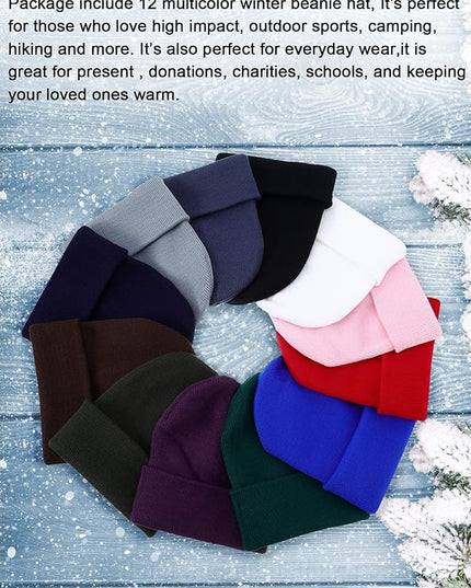 Zhanmai 12 Pack Small Winter Beanie Hats Bulk Warm Knitted Cuffed Skull Cap for Men Women