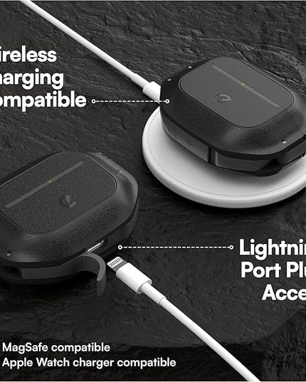 Keybudz for AirPods 4 Case with Lock - Fully Waterproof AirPods 4th Generation Case Cover - Keychain, Rugged Tough Protection, Hard Shell and Carabiner (Carbon Black)