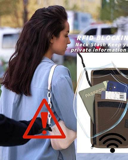 Travel Neck Wallet with RFID Blocking – Passport Holder Organizer Neck Pouch – Portable Easy to Conceal Travel Pouch (Brown)