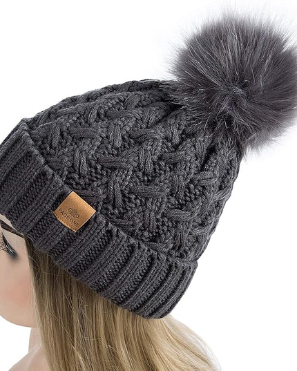 PAGE ONE Womens Winter Ribbed Beanie Crossed Cap Chunky Cable Knit Pompom Soft Warm Hat