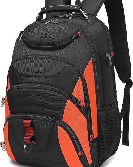 Boavan Laptop Backpack for men, 17.3 inch Laptop Bag with USB Port, Waterproof Travel Work Backpack Purse, Anti-Theft Teacher Nurse Doctor Casual Bookbags Office Business backpack，Black&Orange