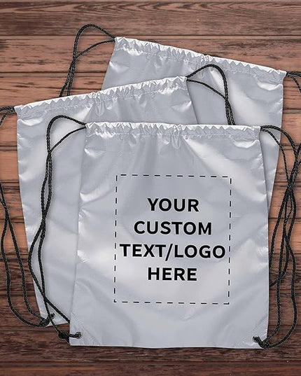 DISCOUNT PROMOS Custom Classic Polyester Drawstring Bagpack Set of 10/50/100, Personalized Bulk Pack - Great for Travelling, Gym and for Everyday Use - Silver