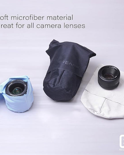 Eco-Fused Camera Lens Pouches - Microfiber Lens Cloth Bag - 4 Pack - Soft Camera Wraps for Multi-Sized Lenses and Accessories - Camera Bag Inserts - Home Travel Photography (Black/Gray/Blue)