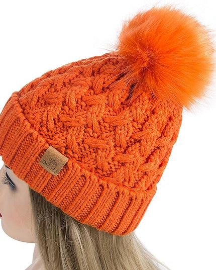 PAGE ONE Womens Winter Ribbed Beanie Crossed Cap Chunky Cable Knit Pompom Soft Warm Hat