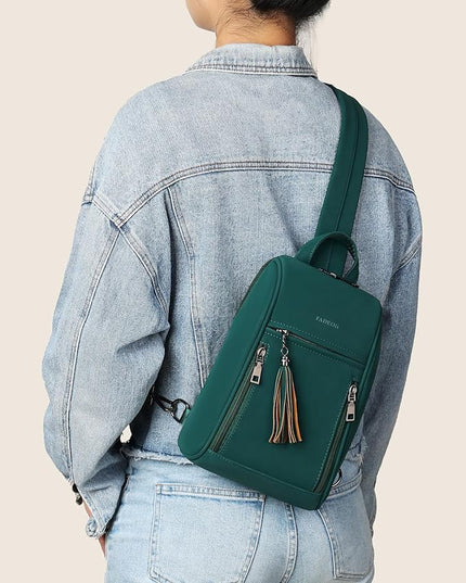 FADEON Sling Bag for Women, Crossbody Backpack with Tassels, Designer Leather Shoulder Chest Bags for Travel