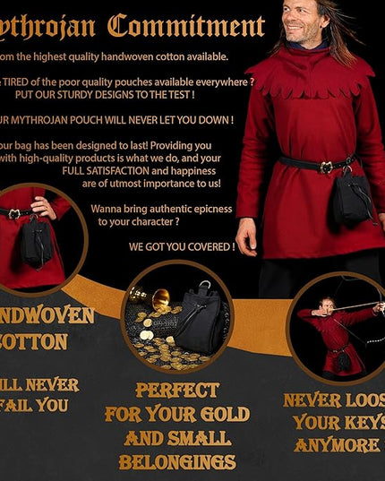 Mythrojan Drawstring Belt Pouch Renaissance Costume Accessories Jewelry Pouch - Black